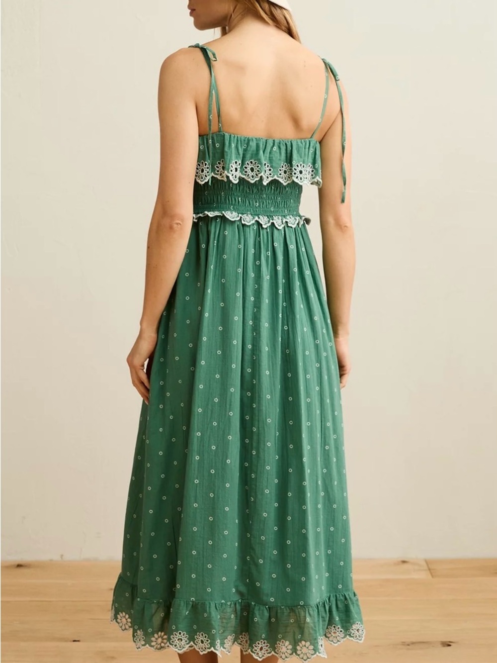 American Eagle Green Smocked Midi Dress with Lace Trim - Picture 2 of 8